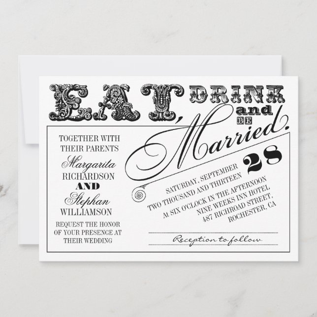 essen Sie trinken und verheiratete Typografie Hoch Einladung (Vorderseite)