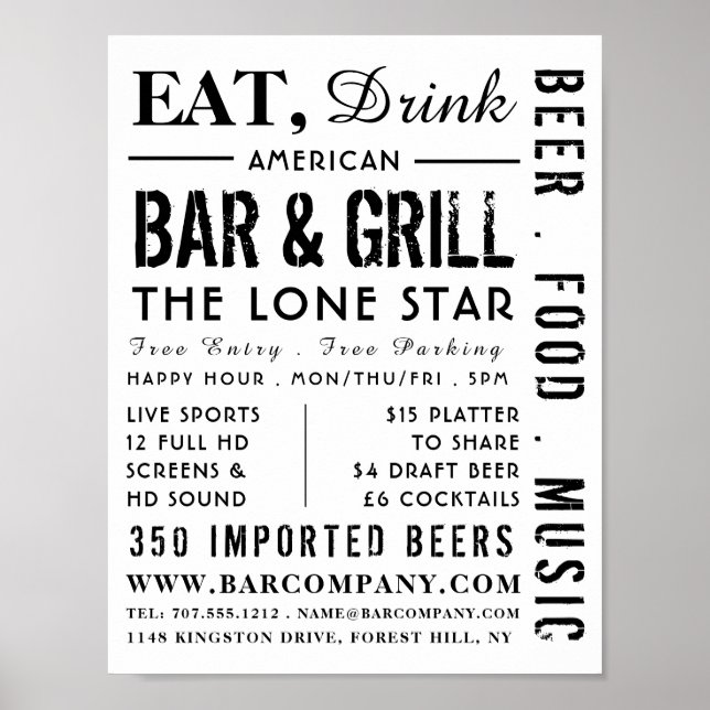 Essen, trinken Bar & Grill, Pub/Brauerei Werbung Poster (Vorne)