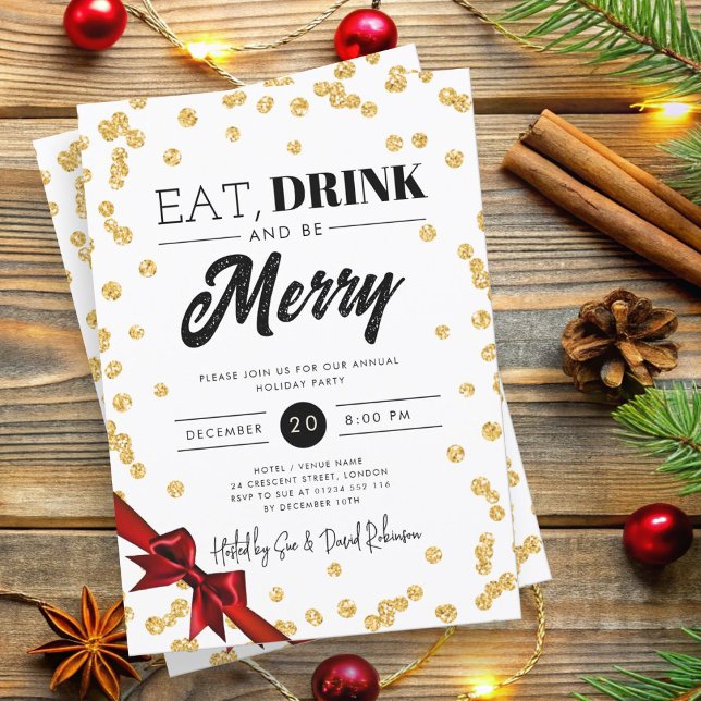 Essen, trinken Sie Merry Gold Glitzer Xmas Band. Einladung (Eat, Drink Be Merry Gold Glitter Xmas Ribbon Invitation)