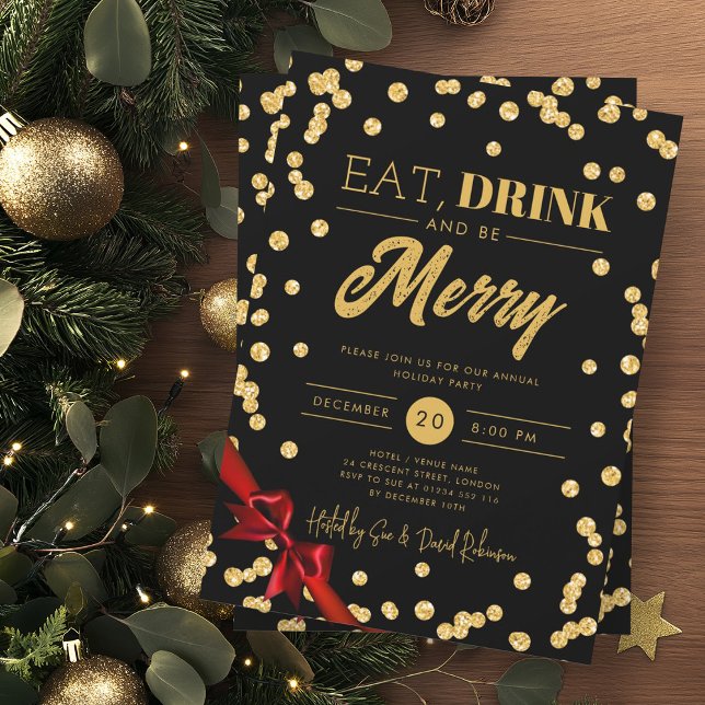 Essen, trinken Sie Merry Gold Glitzer Xmas Ribbon  Einladung (Von Creator hochgeladen)