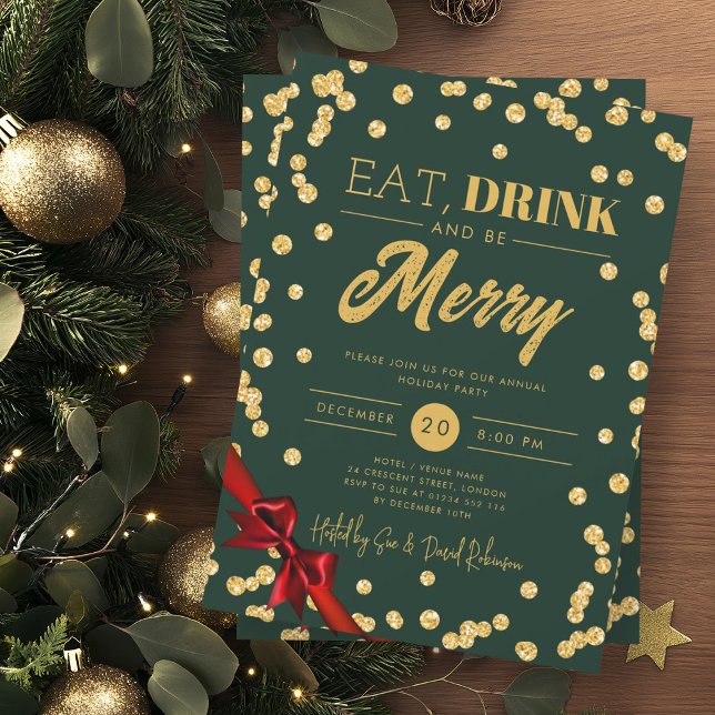 Essen, trinken Sie Merry Gold Glitzer Xmas Ribbon  Einladung (Von Creator hochgeladen)
