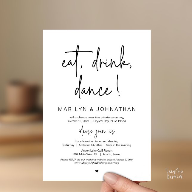 Essen, Trinken, Tanz, Hochzeitsessen Party Einladung (Eat, Drink, Dance, Wedding Elopement Dinner Party Invitation Card in Black White)