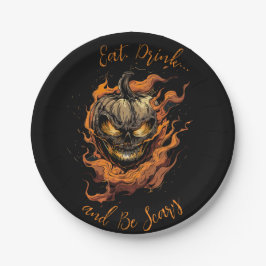 Essen, trinken und Beängstigend Jack-o-Lantern sei Pappteller