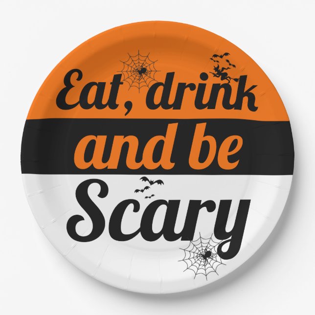 Essen, trinken und beängstigend orange Halloween s Pappteller (Vorderseite)