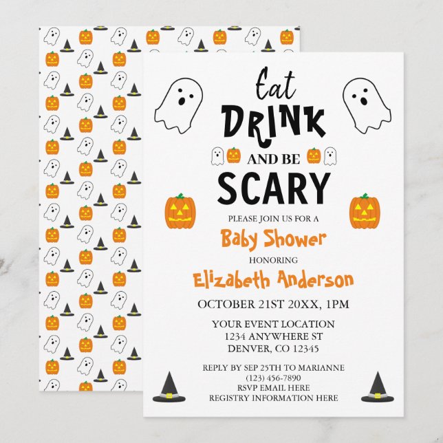 Essen, trinken und Beängstigend sein Halloween-Kin Einladung (Vorne/Hinten)