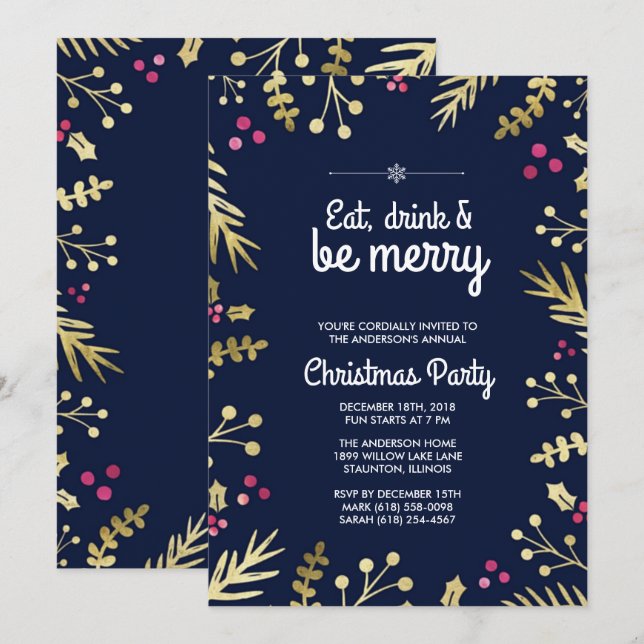 Essen, trinken und frohe Weihnachten Party Einladu Einladung (Vorne/Hinten)