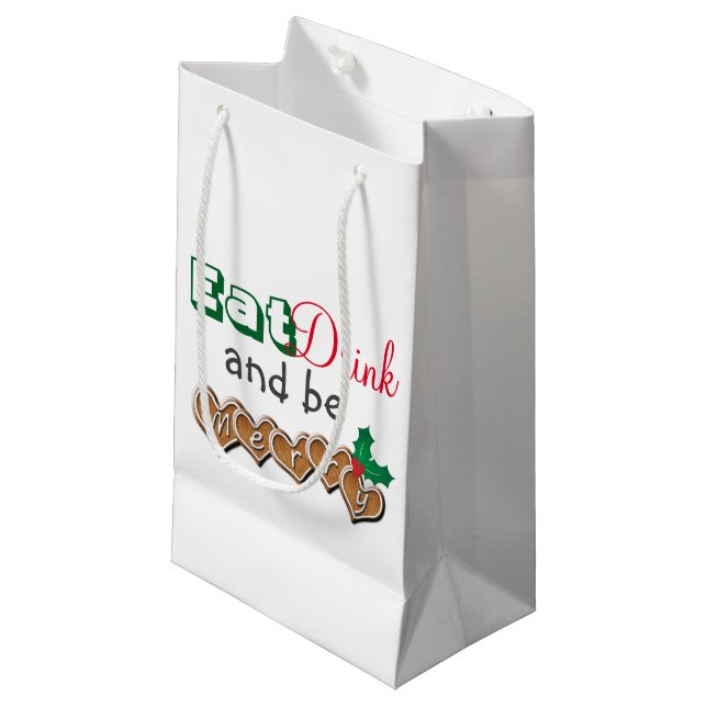 Essen, trinken und frohe Weihnachten sein Kleine Geschenktüte (Vorderseite Schrägansicht)