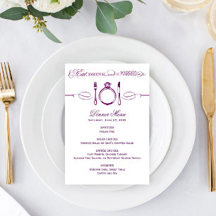Essen Trinken und Verheiratet sein Lila Hochzeitsd Menükarte