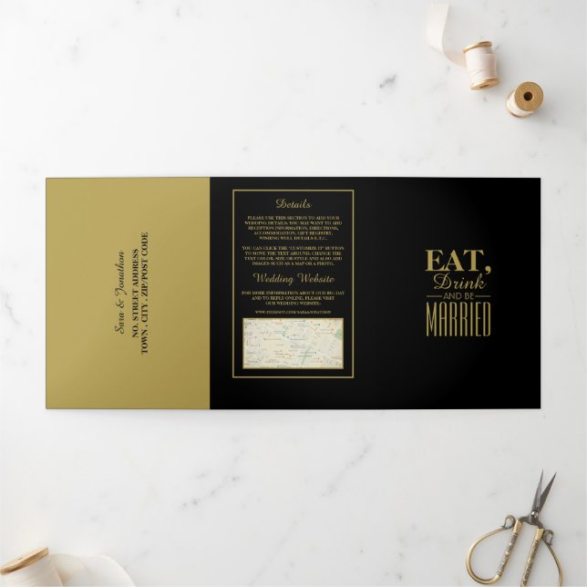 Essen, trinken und Verheiratete Black & Gold Weddi Dreifach Gefaltete Einladung (Außenbereich)