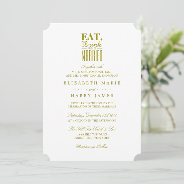 Essen, trinken und Verheiratete Goldhochzeit feier Einladung (Stehend Vorderseite)
