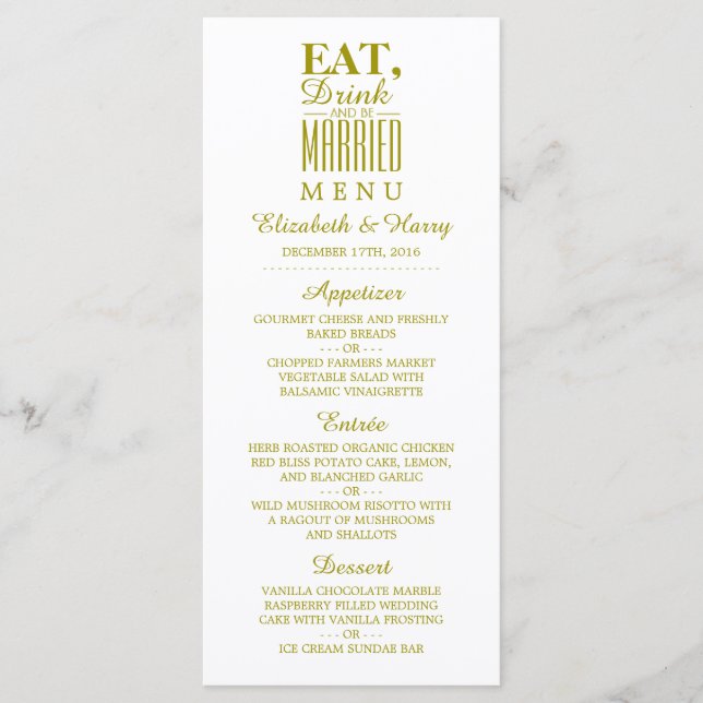 Essen, trinken und Verheiratete GoldWedding-Menü. Menükarte (Vorderseite)
