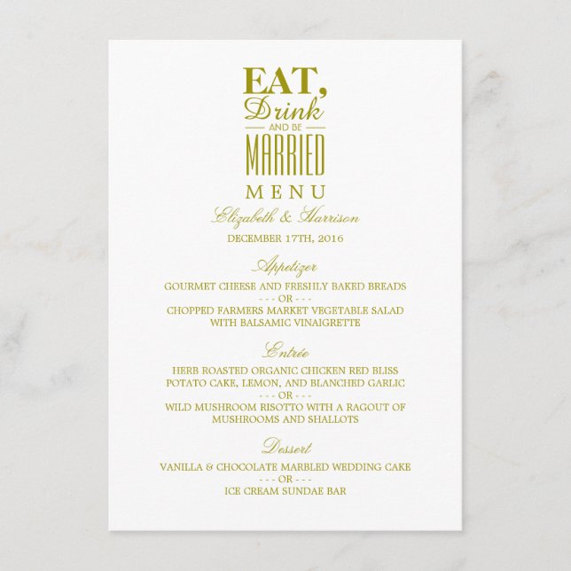 Essen, trinken und Verheiratete GoldWedding-Menü. Menükarte (Vorderseite)