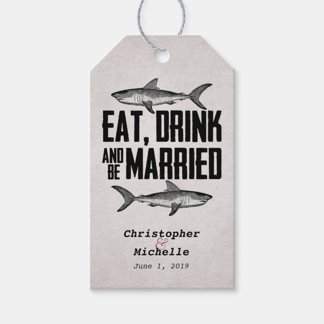 Essen, trinken und Verheiratete Hochzeitsmarken fü Geschenkanhänger (Vorderseite)