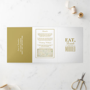Essen, trinken und Verheiratete White & Gold Weddi Dreifach Gefaltete Einladung