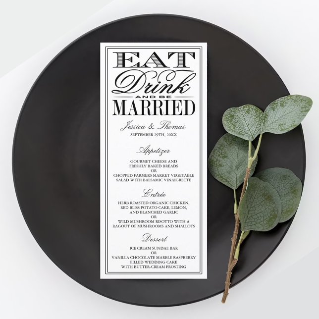 Essen, trinken & Verheiratete moderne Hochzeitsmen Werbekarte (Von Creator hochgeladen)