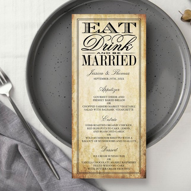 Essen, trinken & Verheiratete Vintage Hochzeitsmen Werbekarte (Von Creator hochgeladen)
