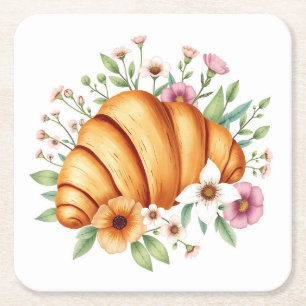 Essen und Natur Kunst Croissant mit Blumen Rechteckiger Pappuntersetzer