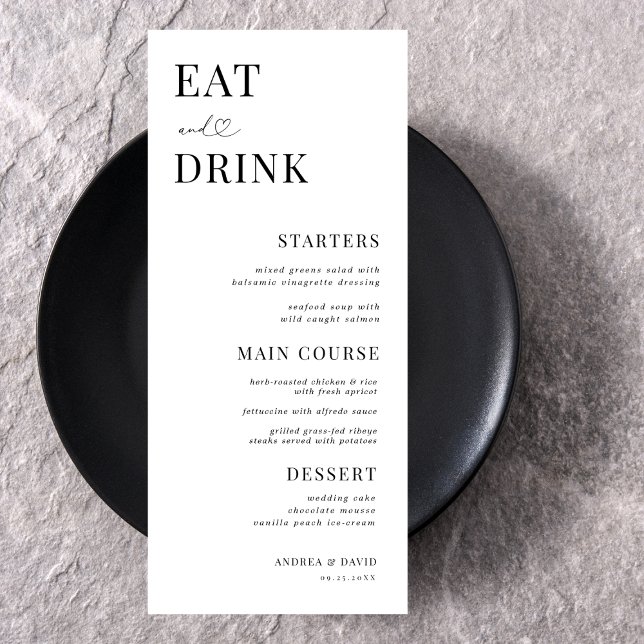 Essen und trinken Herzschrift Minimal White Weddin Menükarte (Von Creator hochgeladen)