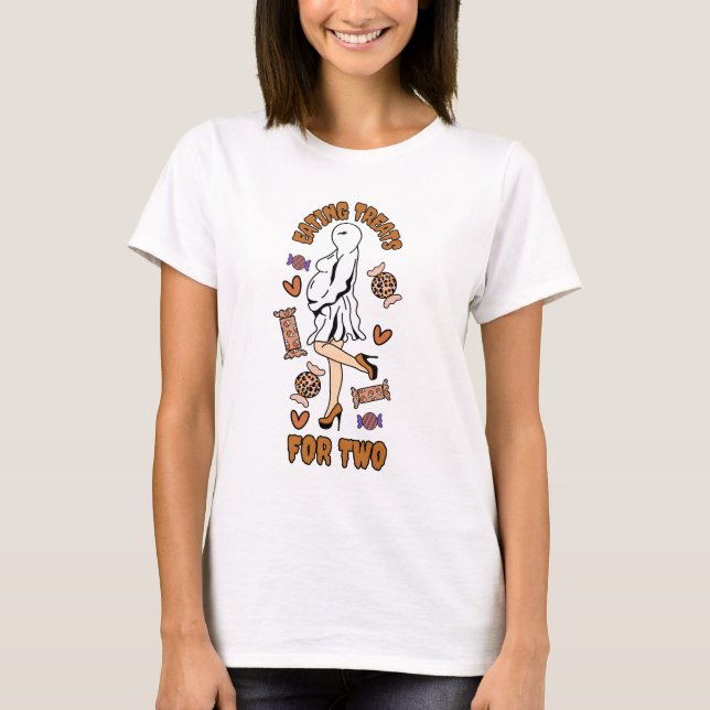 "Essen von Leckereien für zwei" Schwangere Hallowe T-Shirt (Vorderseite)