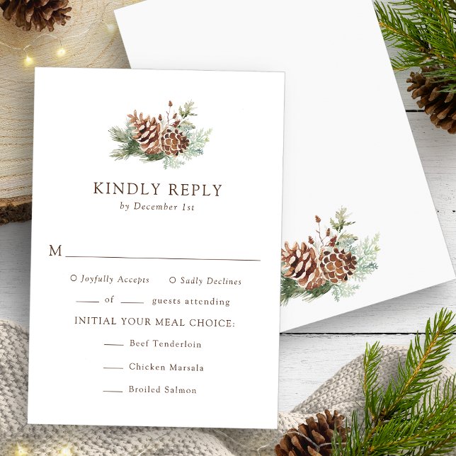 Essen Winter RSVP Card Karte (Elegant Watercolor Evergreen Meals Winter RSVP Card by Painted Paperie
)