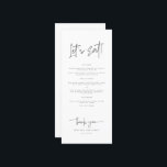 Essen wir Whimsikkalligraphie Moderne Hochzeit Menükarte<br><div class="desc">Wo Dreams Meet Elegance Erleben Sie Ihren besonderen Tag mit unserem bezaubernden Briefmarkensemble, sorgfältig gefertigt, um Ihre Hochzeit mit Launen und Gnade zu bereichern. Von delikaten Einladungen bis hin zu exquisiten Platzkarten ist diese Sammlung eine Symphonie von aufwändiger Kalligraphie und zeitlosem Design. Erstellen Sie eine Feier, die Ihnen einzigartig ist,...</div>