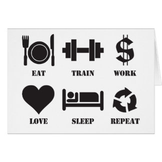 Essen, Zug, Arbeit, Liebe, schlafen, wiederholen