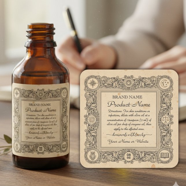 Essential oil  Square Apothecary Style Labels Quadratischer Aufkleber (Von Creator hochgeladen)