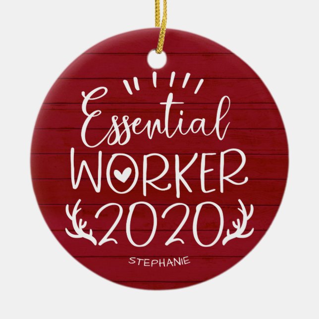 Essential Worker 2020 Covid Christmas Red Wood Keramik Ornament (Vorne)