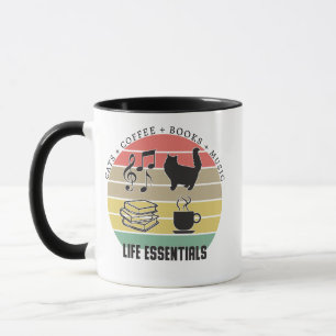 Essentials Katzen, Kaffee, Bücher, Musik Vintag Tasse