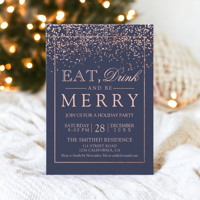 Esst zu trinken, sei fröhlich Holiday Rose Goldmed Einladung (Eat drink be merry Holiday rose gold navy blue Invitation)