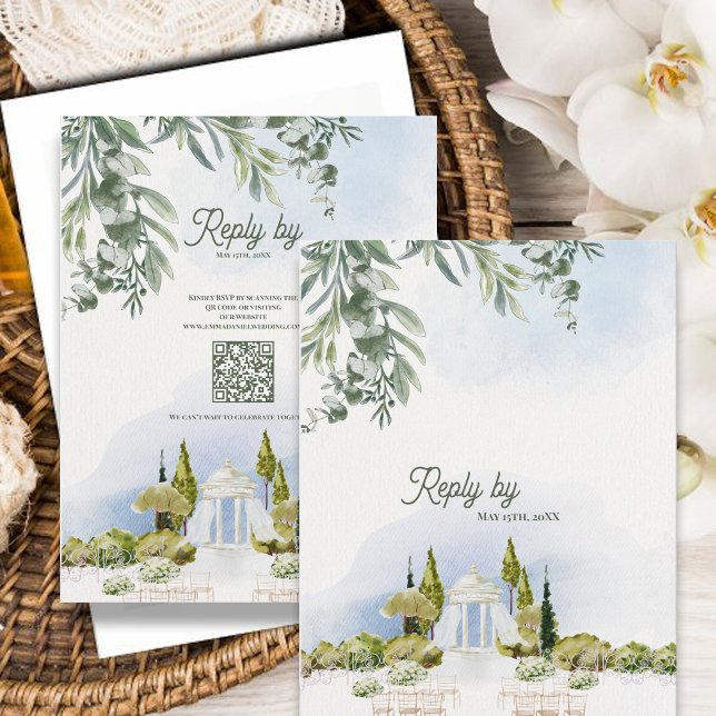 Estate Garden Pavilion Wedding RSVP with QR Code Karte (Estate Garden Pavilion Wedding RSVP Card with QR Code | Watercolor Garden Venue Reply Card)