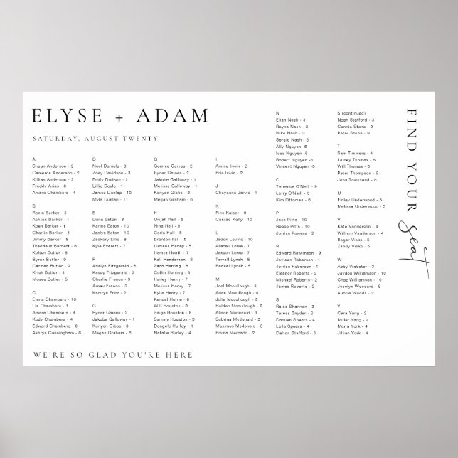 Estelle Modern Minimal Alphabetisches Sitzplakat Poster (Vorne)