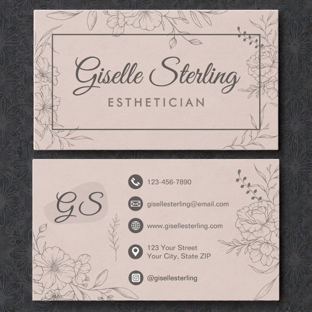 Esthetician Blush Floral Line Art Script Visitenkarte (Von Creator hochgeladen)