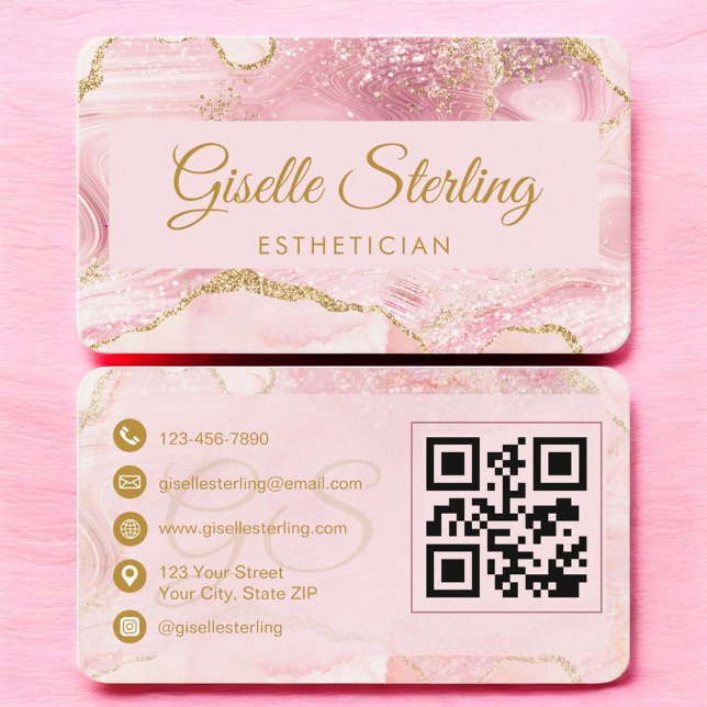 Esthetician Pink Gold Agate QR Code Visitenkarte (Von Creator hochgeladen)