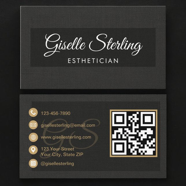 Esthetician QR Code Black Linen Luxury  Visitenkarte (Von Creator hochgeladen)
