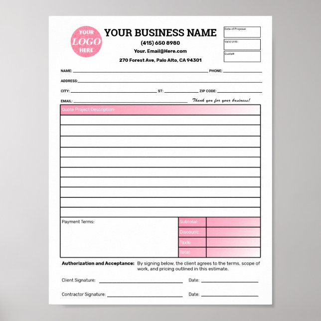 Estimate Quote Job Proposal Forms Contractor Green Poster (Vorne)