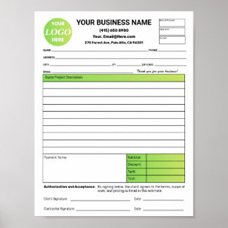 Estimate Quote Job Proposal Forms Contractor Green Poster