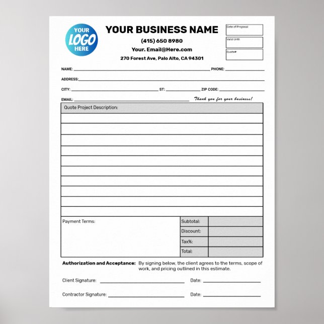 Estimate Quote Job Proposal Forms Contractor Poster (Vorne)