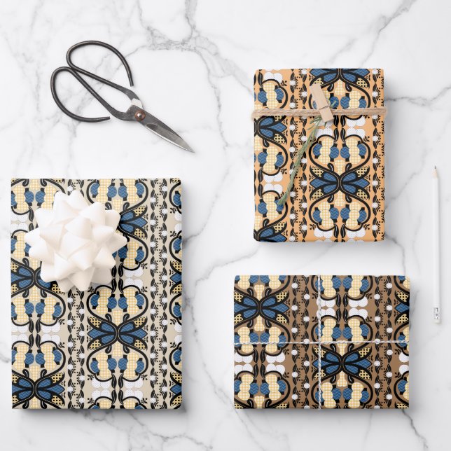 Estnisch blaue und gelbe Blumenkunst Geschenkpapier Set (Vorderseite)