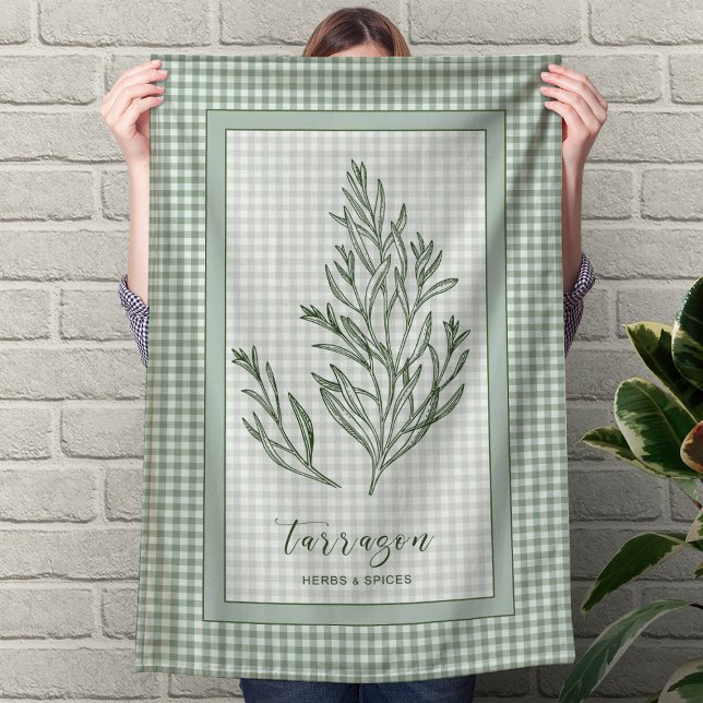 Estragon-Küchenhandtuch – grüne Gingham-Grenze Geschirrtuch (Tarragon Herb Kitchen Towel – Green Gingham Border)