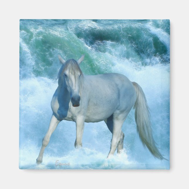 Etalon blanc & Vagues océaniques Aimant d'art équi (Devant)