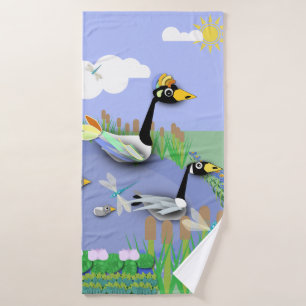Étang coloré de style cartoon avec oies et canards