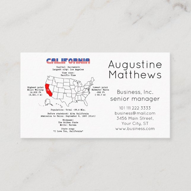 Etat américain de Californie sur une carte et des  (Devant)