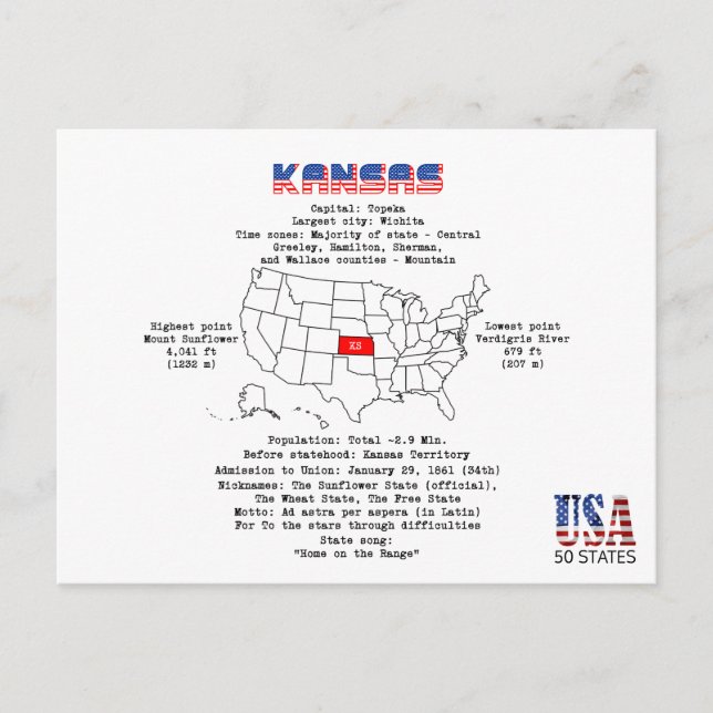État américain du Kansas sur une carte et des info (Devant)