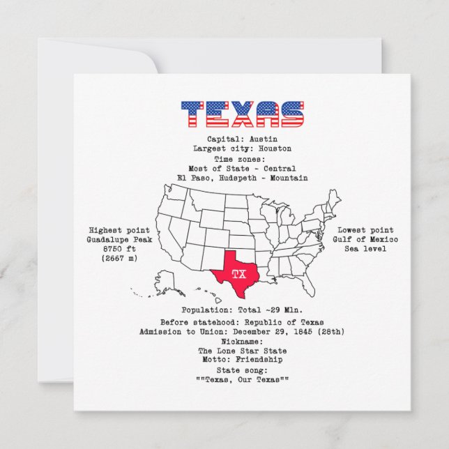 État américain du Texas sur une carte et des infor (Devant)