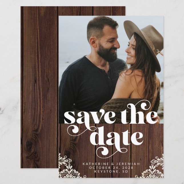 ETAT Rustikale Holz-Spitzen-Foto Save-the-Date-Kar (Vorne/Hinten)