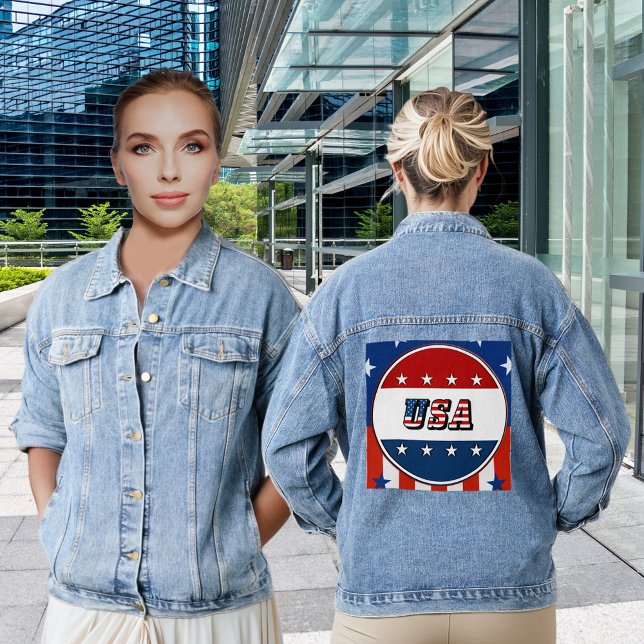 États-Unis Drapeau Stars Cercle Rouge Blanc Bleu F (USA Flag Stars Circle Red White Blue Women's Denim Jacket)