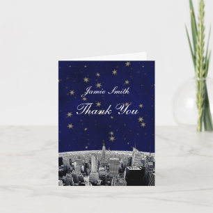 Etched NYC Skyline 2 Blue Gold Star Vielen Dank Dankeskarte