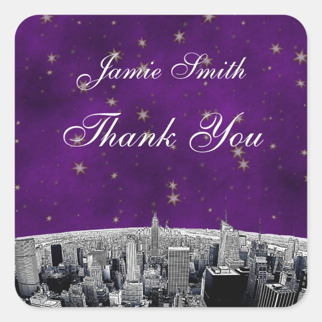 Etched NYC Skyline 2 Lila Gold Star Vielen Dank Quadratischer Aufkleber (Vorderseite)