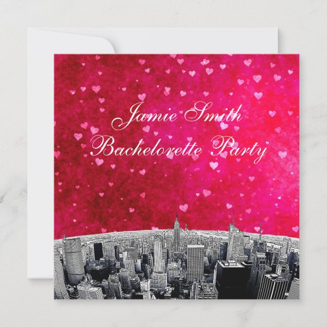 Etched NYC Skyline #2 Pink Red Heart Bachelorette Einladung (Vorderseite)